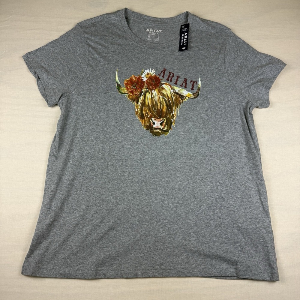 Ariat Womens Real Highlander Rose Tee Heather Gray Relaxed Large 10043417 NEW